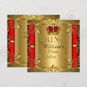 Prince First 1st Birthday Boy Red Gold Crown Invitation