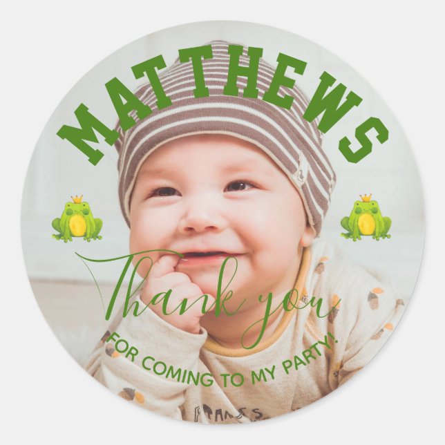 Prince Frog 1st Birthday Party Thank you Photo Classic Round Sticker (Front)