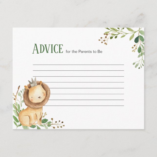 Prince Greenery Lion Baby Shower Advice Card (Front)