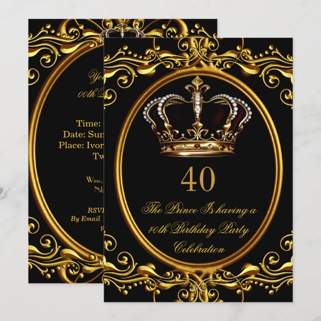 Prince King Gold Royal Black Crown Birthday 3 Invitation (Front/Back)