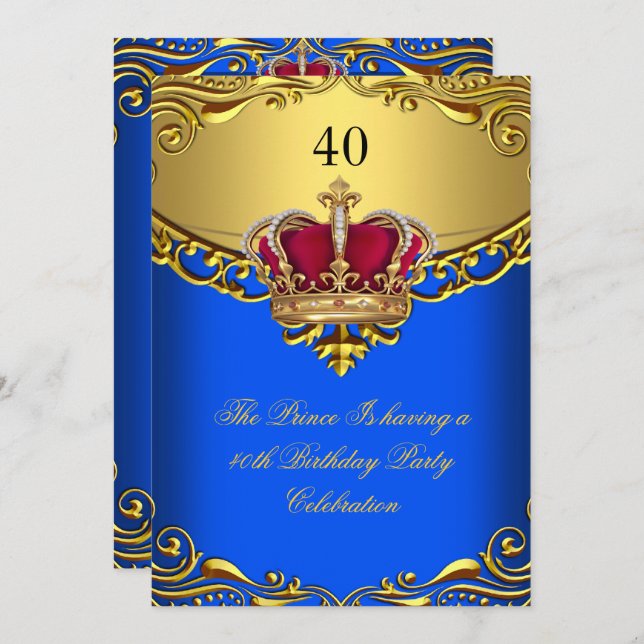 Prince King Red Gold Royal Blue Crown Birthday Invitation (Front/Back)