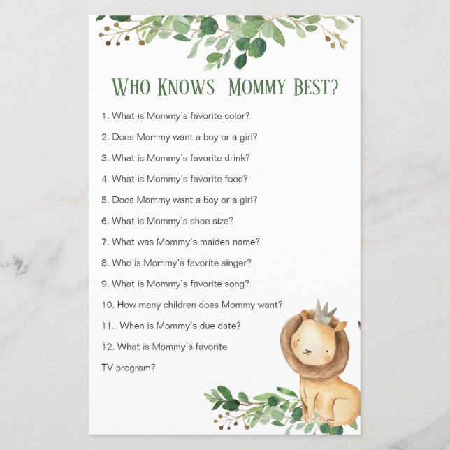 Prince Lion Greenery Who Knows Mommy Best Game (Front)