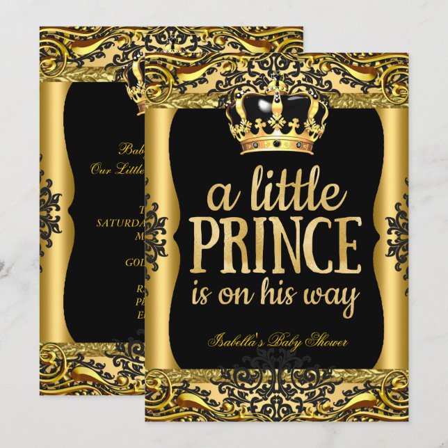 Prince on his way Baby Shower Gold Black 2 Invitation (Front/Back)