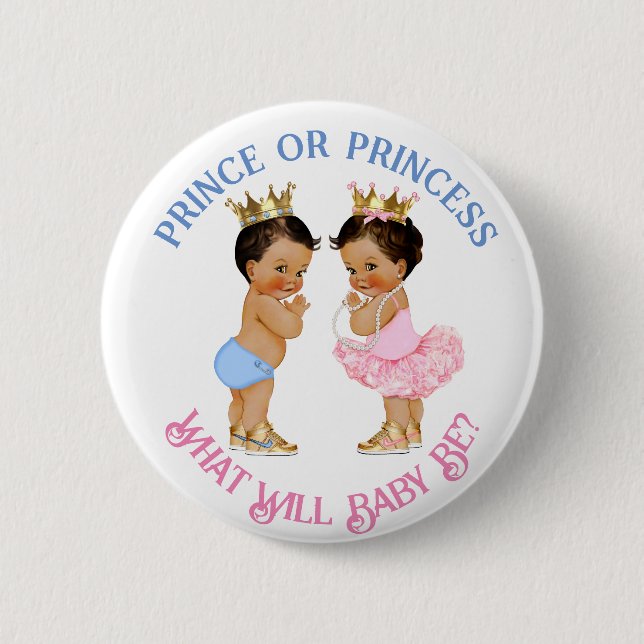 Prince or Princess Gender Reveal Pink Blue Gold 2 Inch Round Button (Front)
