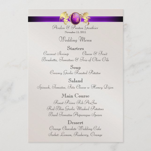 Prince & Princess Purple Jewel Crest Wedding Menu (Front)