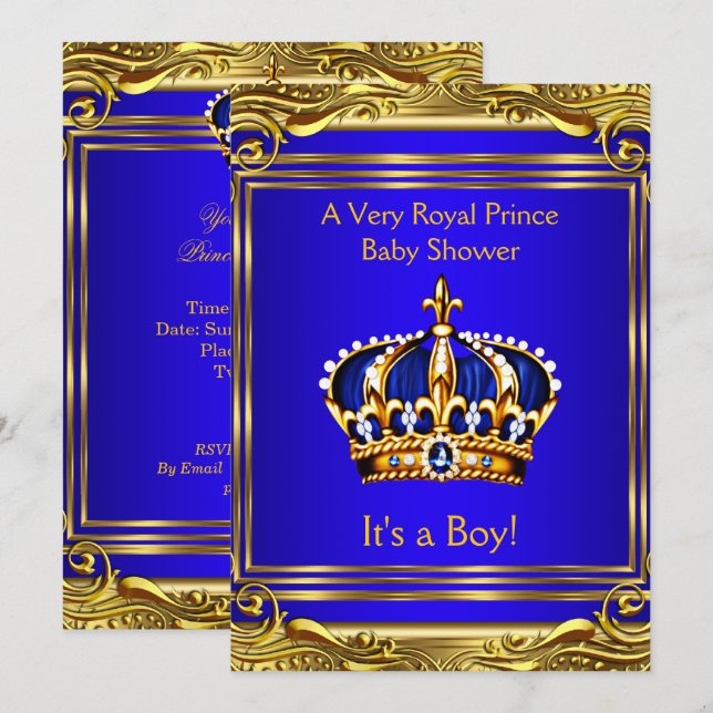 Prince Royal Blue Baby Shower Gold Boy Invitation (Front/Back)