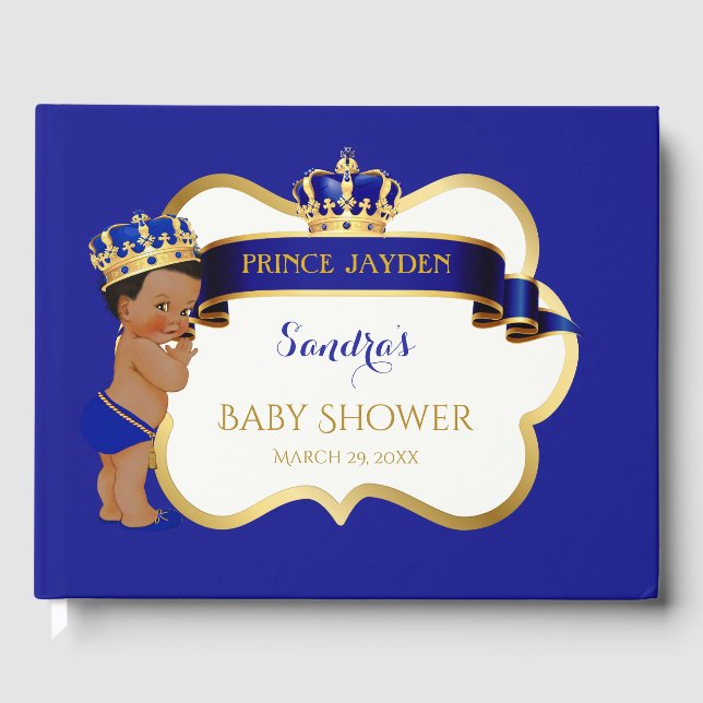 Prince Royal Blue Gold African American Baby Boy Guest Book (Front)