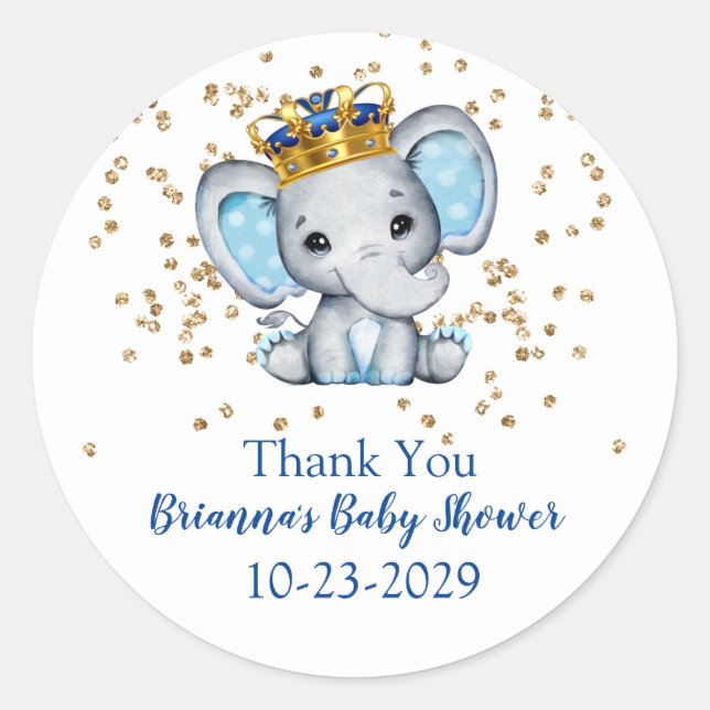 Prince Royal Blue Gold Elephant Boy Baby Shower Classic Round Sticker (Front)