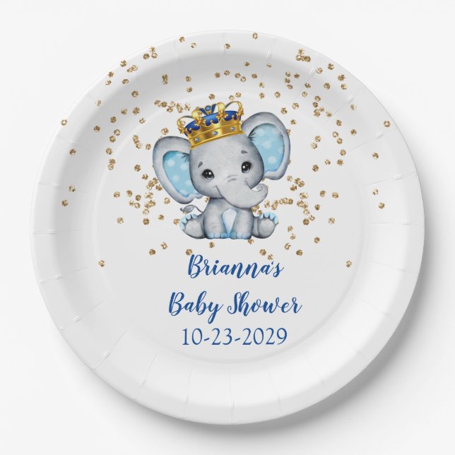 Prince Royal Blue Gold Elephant Boy Baby Shower Pa Paper Plate (Front)