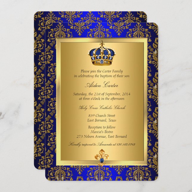 Prince Royal Blue Regal Crown Baptism Invite (Front/Back)