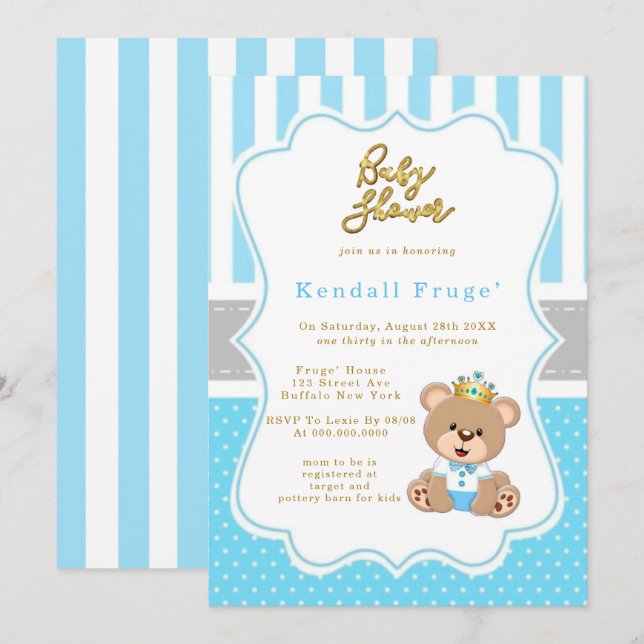 Prince Teddy Bear Baby Boy Shower Invitations (Devant / Derrière)