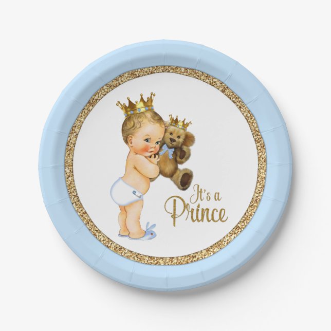 Prince Teddy Bear Boy Baby Shower Paper Plate (Front)