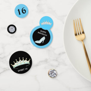 Princess 16th Birthday on turquoise blue & black Confetti