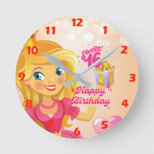 Princess 16th Birthday Round Clock
