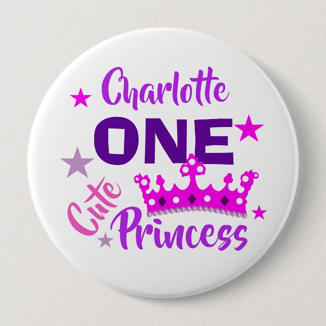 Princess 1st Birthday Girls Cute Personalized 4 Inch Round Button (Front)