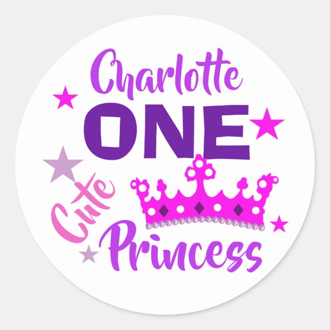 Princess 1st Birthday Girls Cute Personalized Classic Round Sticker (Front)