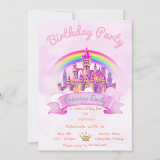 Princess 1st Birthday Invitation Editable Pink