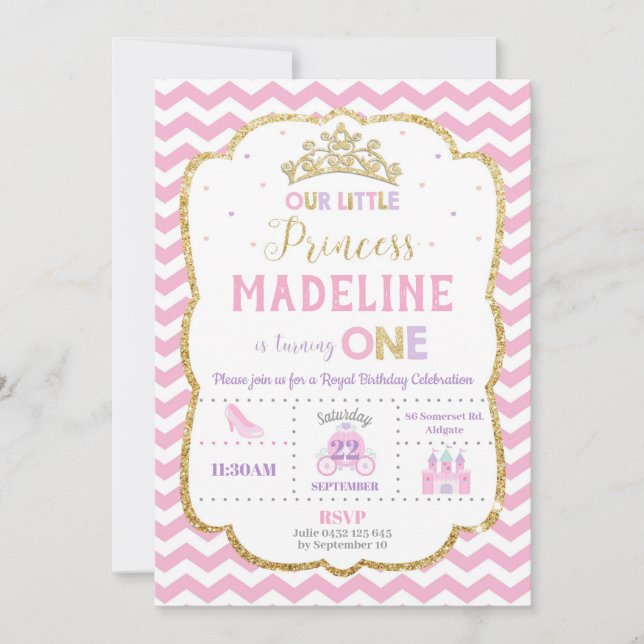 Princess 1st Birthday Invitations Pink and Gold (Front)