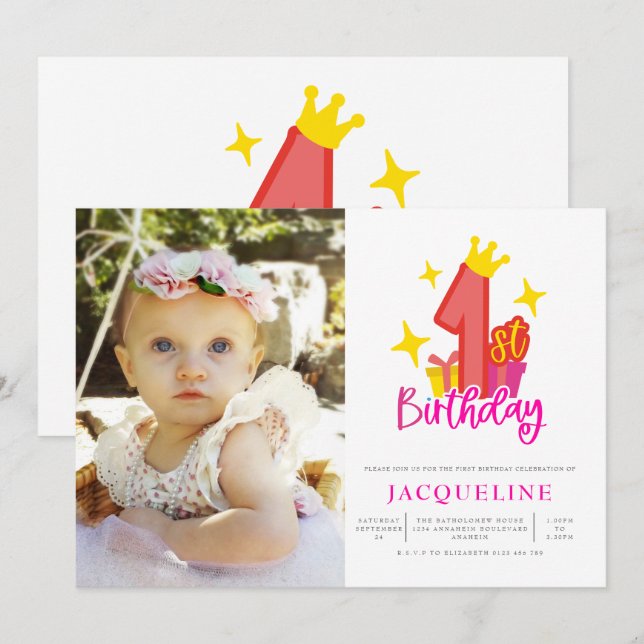 Princess 1st Birthday Party Invitation (Front/Back)