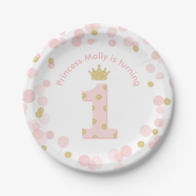Princess 1st Birthday Party Pink Gold Confetti Paper Plate (Front)