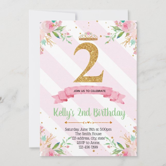 Princess 2nd birthday party invitation card (Front)