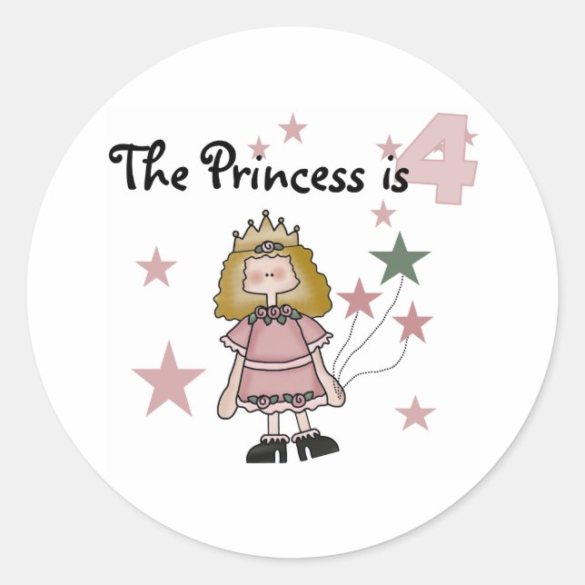 Princess 4th Birthday Classic Round Sticker (Front)