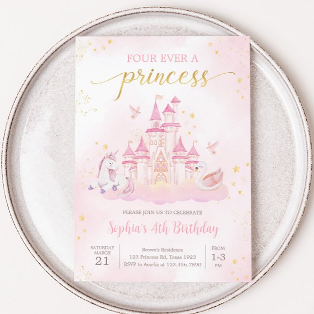 Princess 4th Birthday Party Invitation (Four Ever a Princess Birthday Party Invitation)