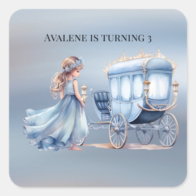 Princess and Carriage Is Turning 3 Birthday Party Square Sticker (Front)