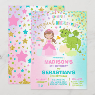 Princess And Dragon Birthday Invitation Siblings