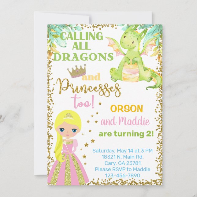 Princess and dragon siblings birthday invitation.  invitation (Front)