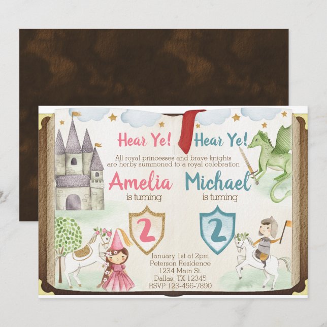 Princess and Knight Birthday Party Invitation (Front/Back)