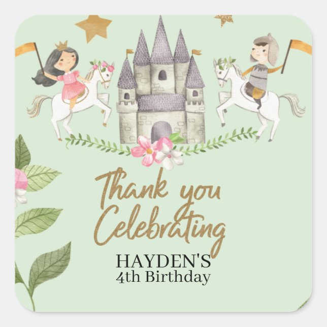 Princess and Knight party, Princess, kids Birthday Square Sticker (Front)