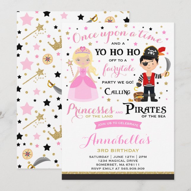 Princess And Pirate Birthday Invitation (Front/Back)