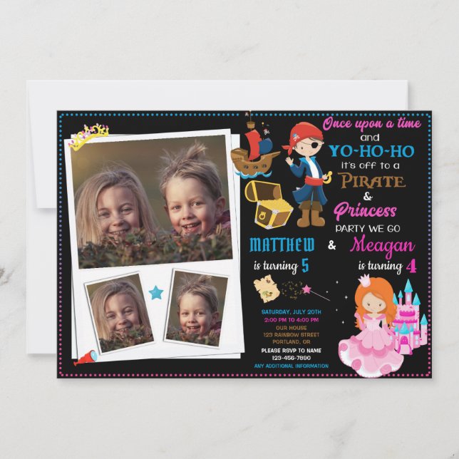 Princess and Pirate birthday invitation Two theme (Front)