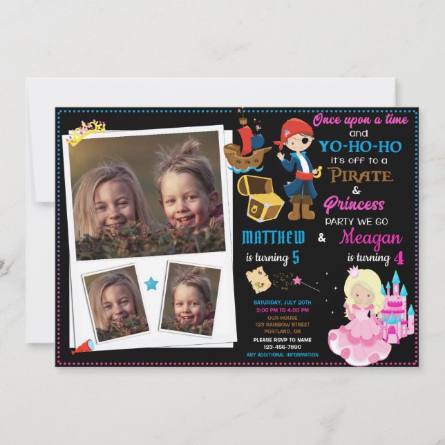 Princess and Pirate birthday invitation Two theme (Front)