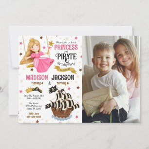 Princess and Pirate Photo Siblings Joint Birthday  Invitation