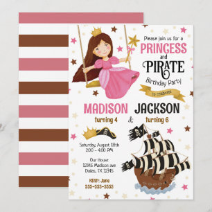 Princess and Pirate Siblings Joint Birthday  Invitation