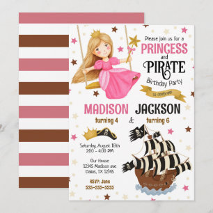 Princess and Pirate Siblings Joint Birthday  Invitation