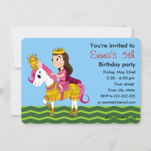 Princess and pony cartoon birthday invitations