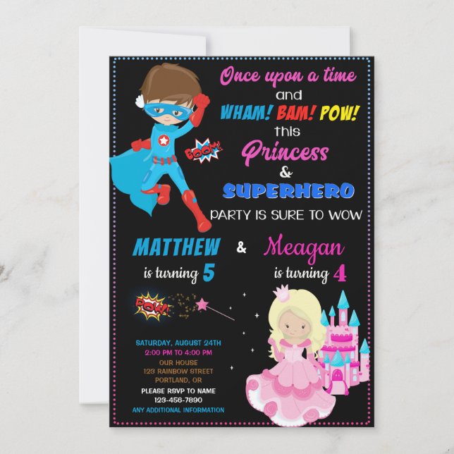 Princess and Superhero birthday invitation Joint (Front)