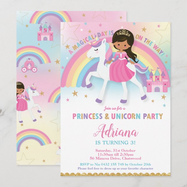 Princess and Unicorn Birthday Brown Tan Skin Invitation (Front/Back)