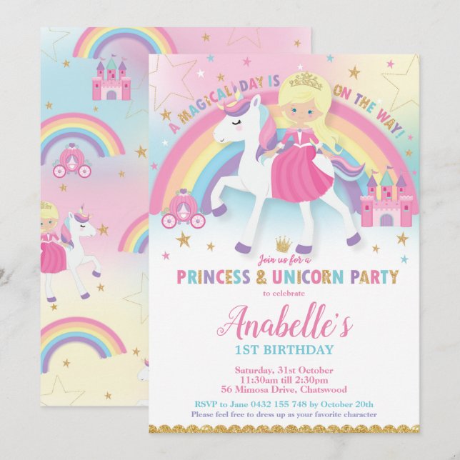 Princess and Unicorn Birthday Invitations Blond (Front/Back)