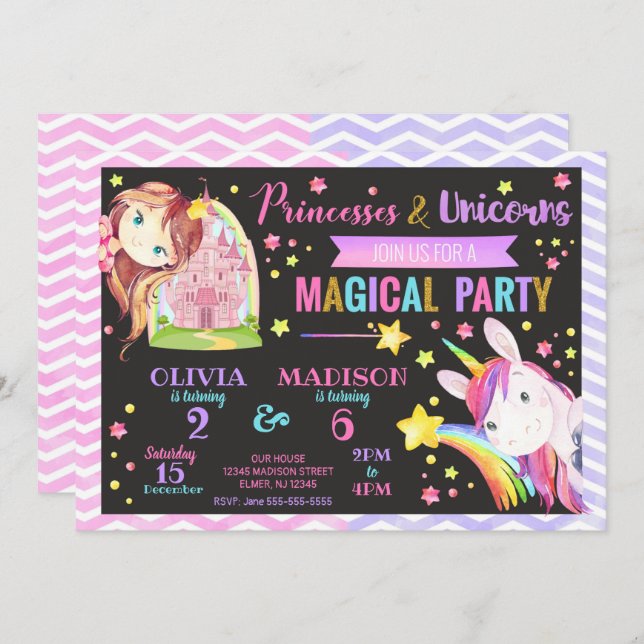 Princess and Unicorn Joint Birthday Invitation (Front/Back)