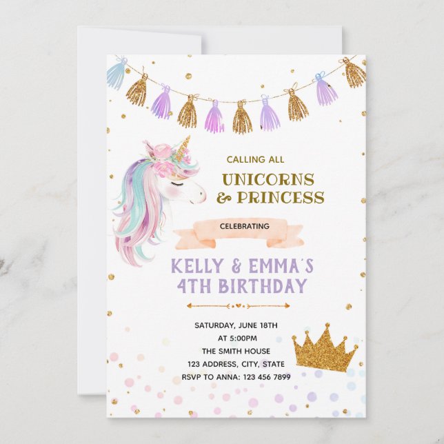 Princess and unicorn joint birthday invitation (Front)