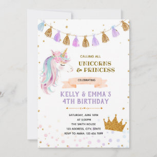 Princess and unicorn joint birthday invitation