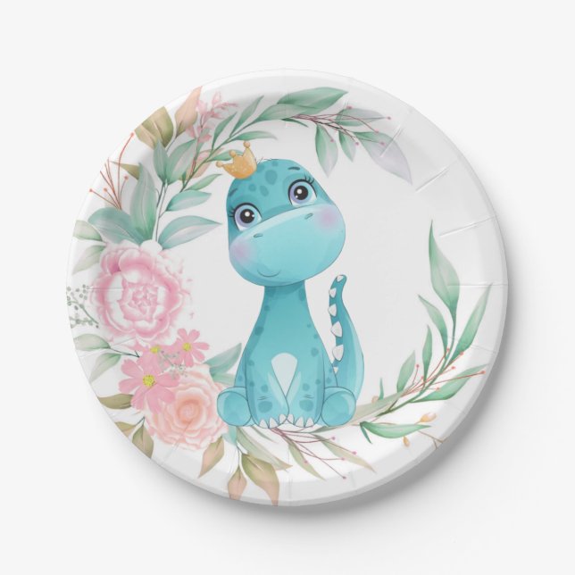 Princess  Aqua Dinosaur Pink Peony Baby Shower Paper Plate (Front)