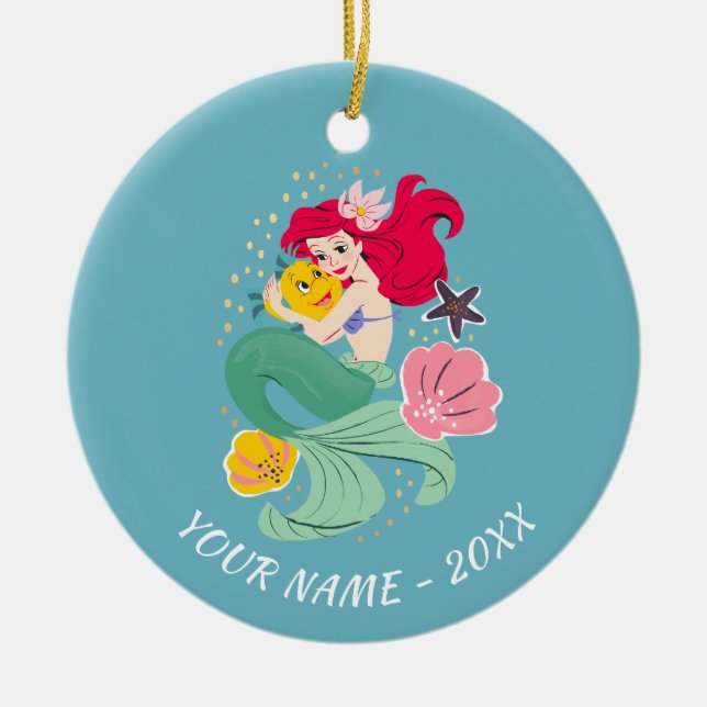 Princess Ariel Holding Flounder Illustration Ceramic Ornament (Front)