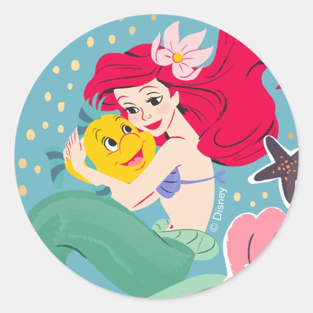 Princess Ariel Holding Flounder Illustration Classic Round Sticker (Front)