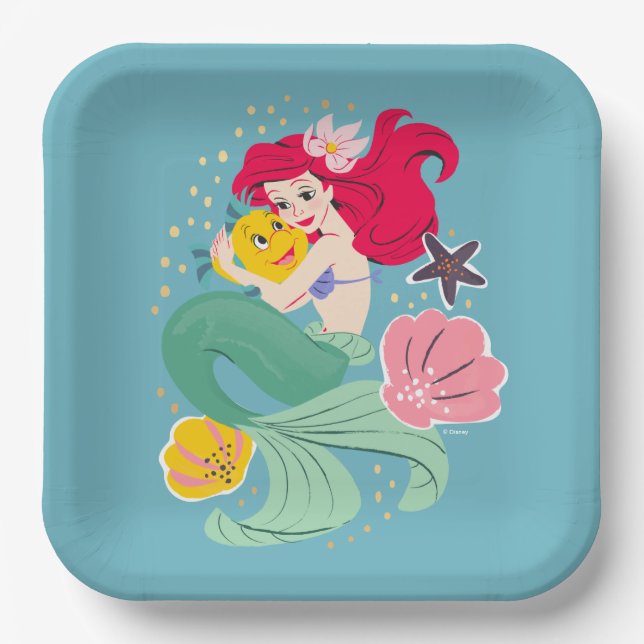 Princess Ariel Holding Flounder Illustration Paper Plate (Front)
