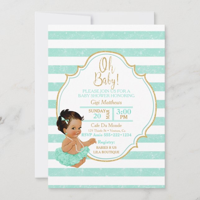 Princess Baby Girl Mint Tutu Stripes Gold Glitter Invitation (Front)